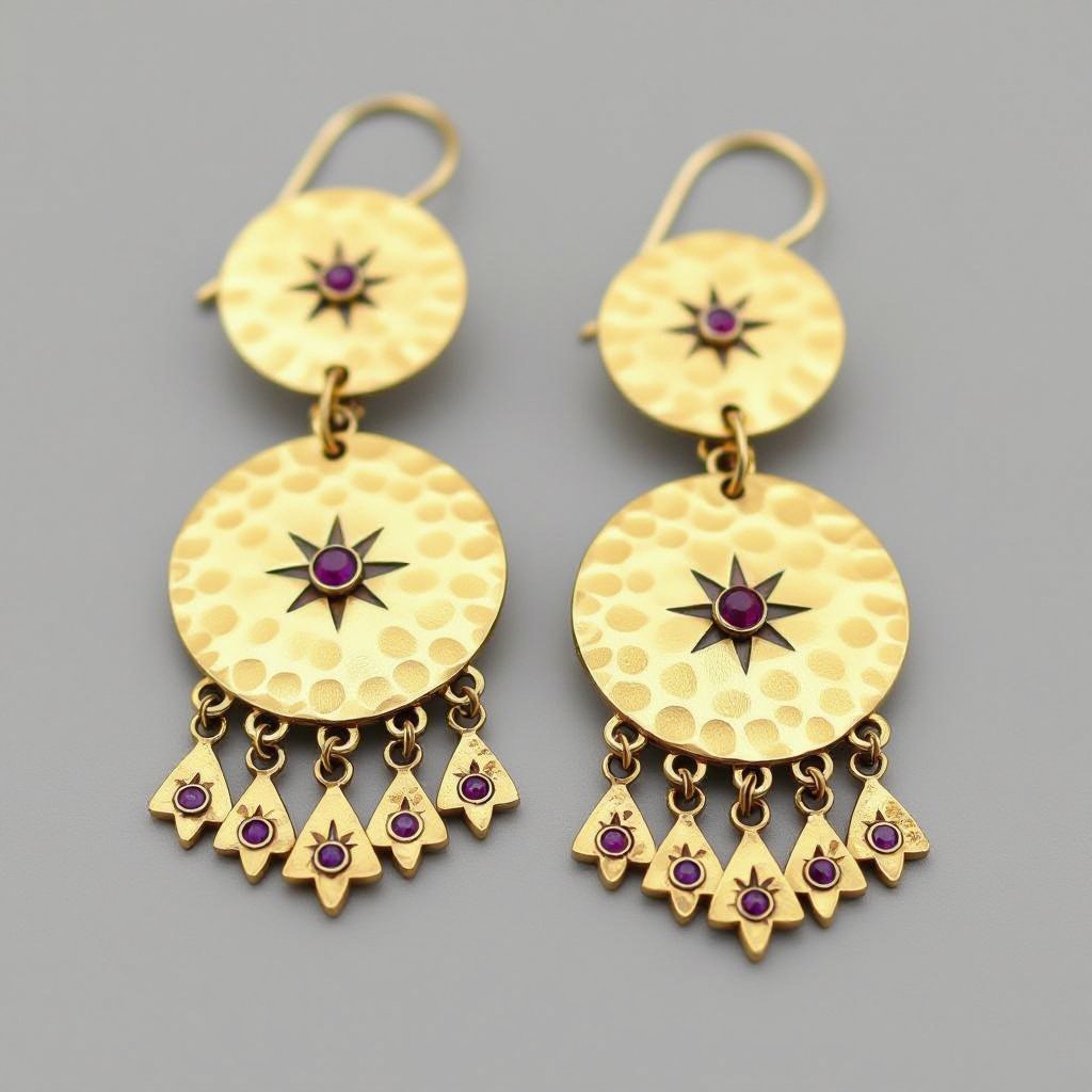 Серьги длинные на цепочках матовое золото мятое. Символ схематично созвездие. Маленькие фиолетовые камушки