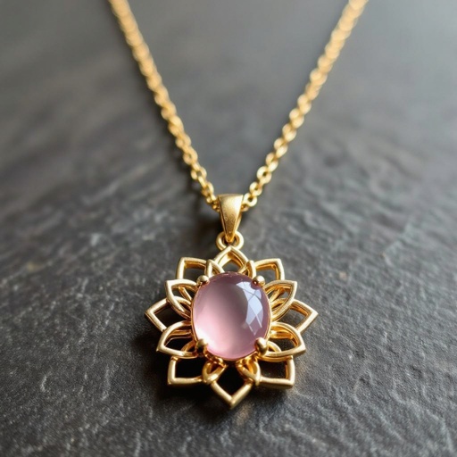 Золотая матовая цепочка. Подвеска матовая лотос шесть лепестков нижние лепестки крупнее верхних  не круглый . В сердце лотоса матовый розовый кварц овальный