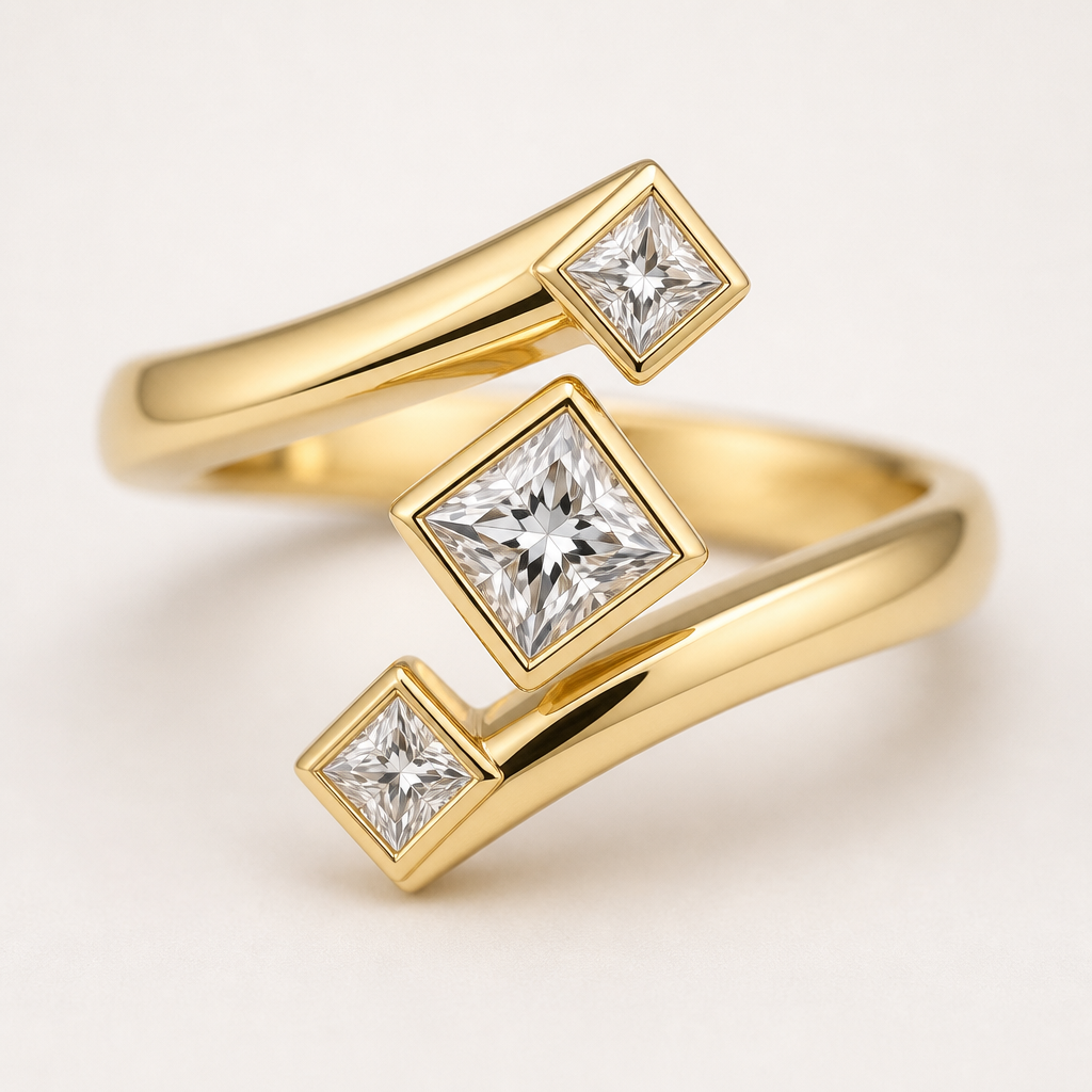 Create a wrap ring that has three princess cut diamonds with one being a big larger than the other two. In yellow gold. The ring should wrap around the finger a few times with the diamonds all pointed diamond shaped instead of square
Modern jewelry: Modern yellow gold wrap ring. Three princess cut diamonds, one larger, integrated into the wrap. Diamonds angled to appear diamond-shaped.