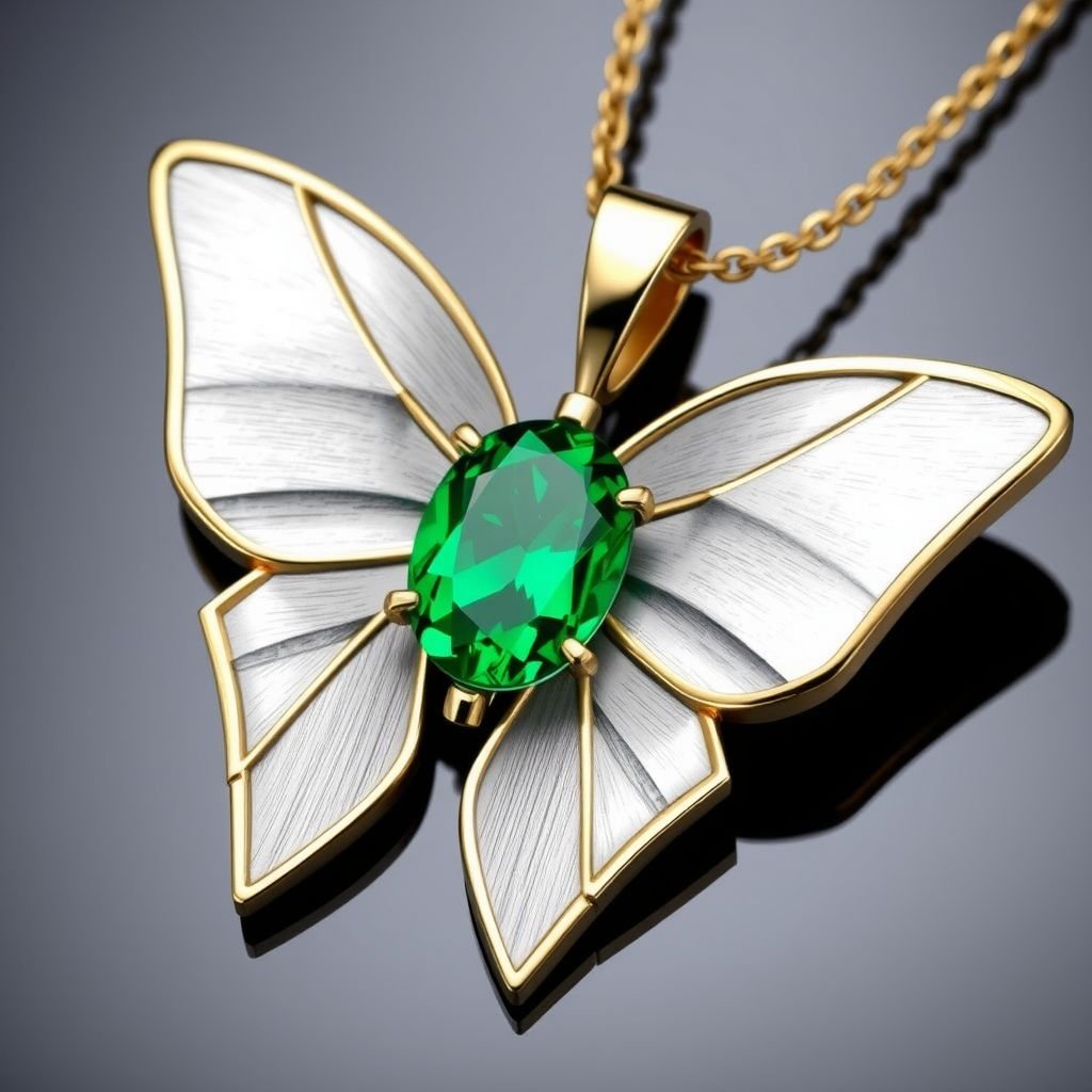 Geomatric butterfly pendant of diamonds Use a combination of brushed matte silver and high-shine gold accents for contrast. Incorporate a single, oval-cut gemstone-perhaps a striking emerald-set at an unconventional angle, creating a bold focal point that exudes contemporary elegance and sophistication.