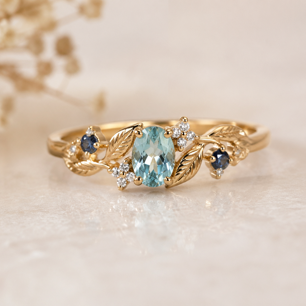 A nature women's ring made of gold with aquamarine and diamond and sapphire stones suitable for daily wear
photorealistic jewelry design, A nature women's ring made of gold with aquamarine and diamond and sapphire stones suitable for daily wear, nature_inspired style, just the design no text