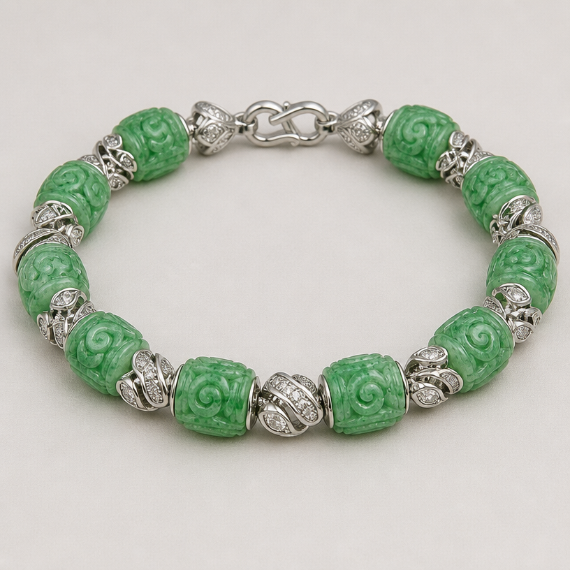 A abstract women's bracelet with diamond stones, detailed and decorative, moderately ornate. Create a 6-inch bracelet using the 12 beads shown in the attached picture. Each bead is 9.7 millimeters long.
using the attached image as a visual reference, create A abstract women's bracelet with diamond stones, detailed and decorative, moderately ornate. Create a 6-inch bracelet using the 12 beads shown in the attached picture. Each bead is 9.7 millimeters long.. photorealistic, just the design no text