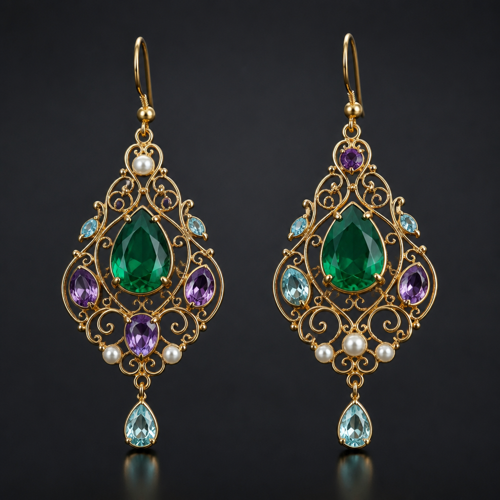 A filigree women's earrings made of gold with emerald and pearl and sapphire and amethyst and aquamarine stones suitable for gift