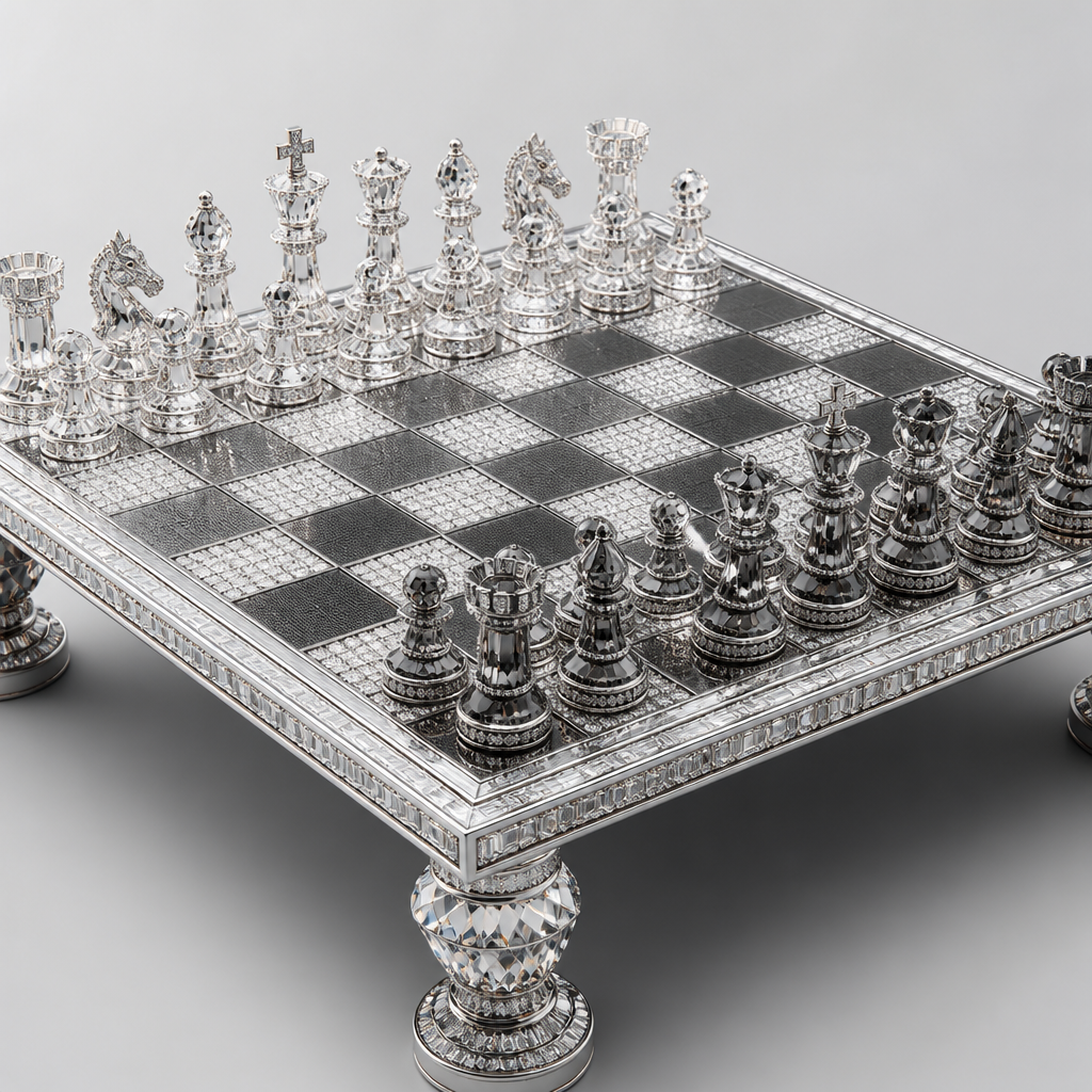 Diamond chess table and pieces
photorealistic jewelry design, Diamond chess table and pieces , just the design no text