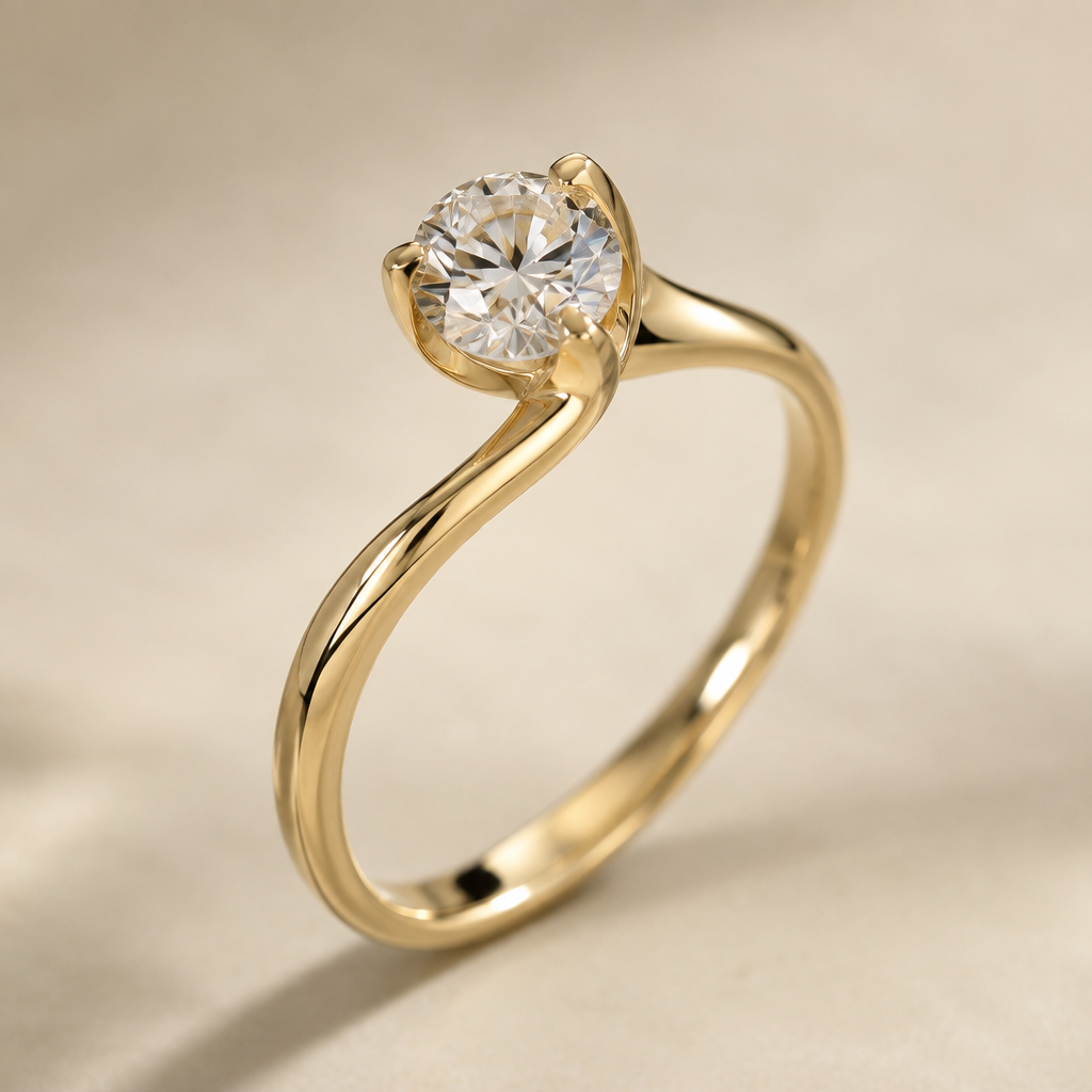 A solitaire women's ring made of gold with diamond stones suitable for engagement. voglio qualcosa di particolare, dalle curve lineari e che dia un senso di continuità, e non deve avere nessuna pietra oltre il diamante sopra, non deve essere una montatura pesante
photorealistic jewelry design, A solitaire women's ring made of gold with diamond stones suitable for engagement. voglio qualcosa di particolare, dalle curve lineari e che dia un senso di continuità, e non deve avere nessuna pietra oltre il diamante sopra, non deve essere una montatura pesante, solitaire style, just the design no text