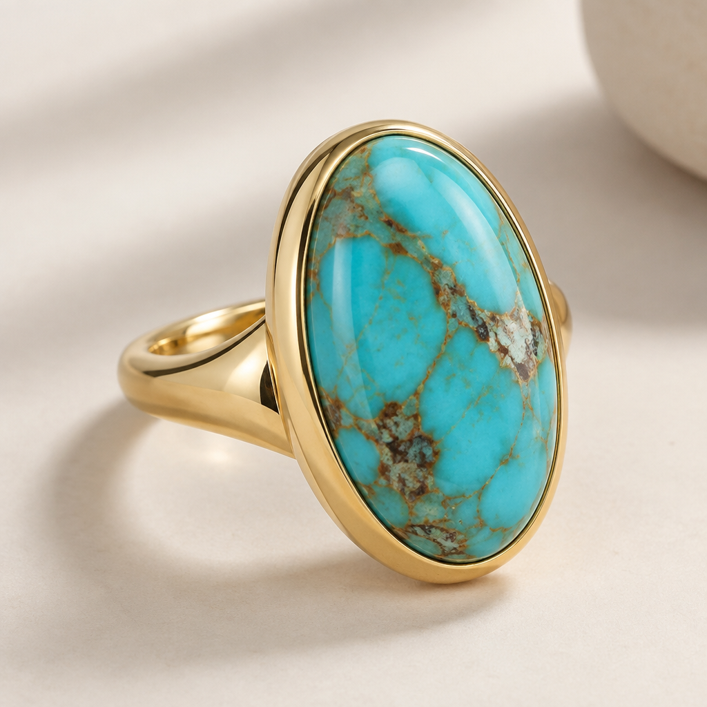 A bezel-set women's ring made of gold with turquoise stones suitable for anniversary. modern
big stone
ellipse
photorealistic jewelry design, A bezel-set women's ring made of gold with turquoise stones suitable for anniversary. modern
big stone
ellipse, bezel_set style, just the design no text