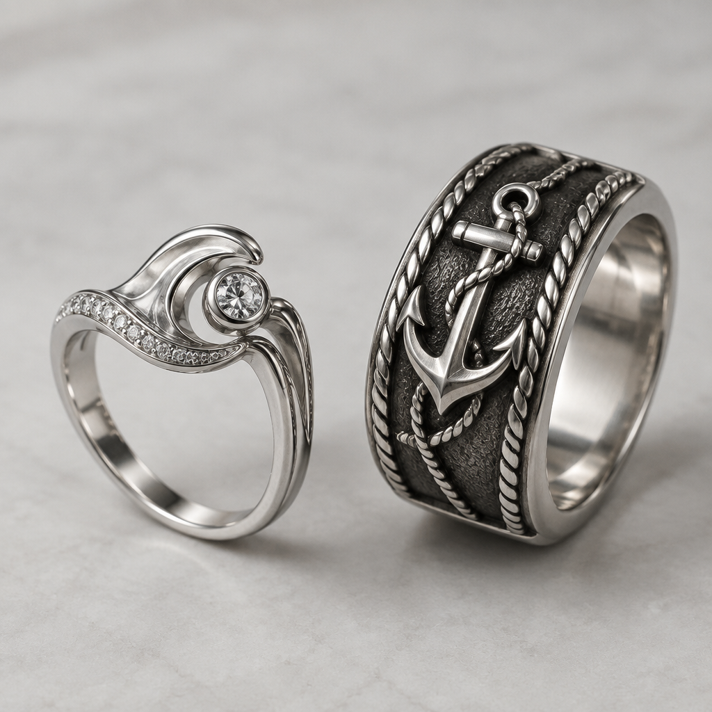 A women's ring made of silver. nautical them men's ring
photorealistic jewelry design, A women's ring made of silver. nautical them men's ring, modern style, just the design no text
