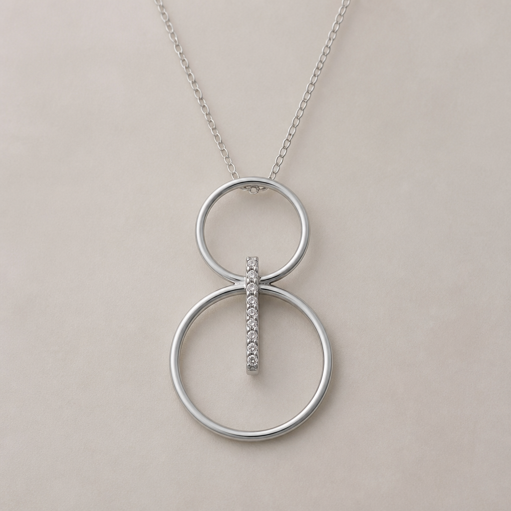 A women's pendant made of silver. collier avec 2 cercles fin, sans diamand, cercle du dessus plus petit, relié par une ligne de diamands qui entre legerement dans les cercles
photorealistic jewelry design, A women's pendant made of silver. collier avec 2 cercles fin, sans diamand, cercle du dessus plus petit, relié par une ligne de diamands qui entre legerement dans les cercles, modern style, just the design no text