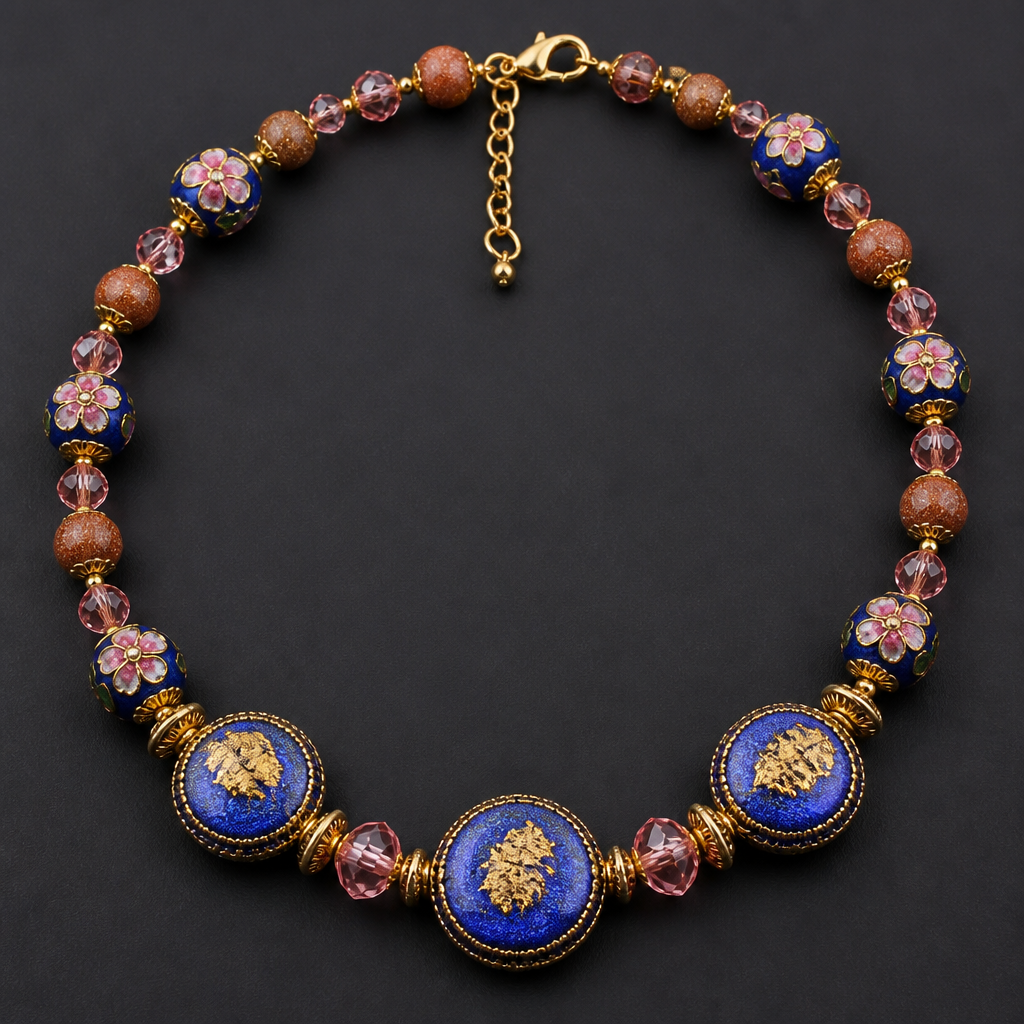 Cobalt Blue and gold with pink flower Wedding cake beads 12mm round, Murano cobalt blue and gold coin beads 25mm, round golden sand stone beads 12mm, pink crystal beads 8mm necklace
photorealistic jewelry design, Cobalt Blue and gold with pink flower Wedding cake beads 12mm round, Murano cobalt blue and gold coin beads 25mm, round golden sand stone beads 12mm, pink crystal beads 8mm necklace, victorian style, just the design no text