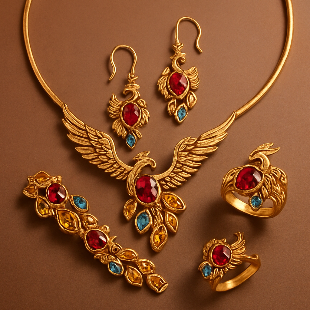 A full Ruby jewelry set including bracelet, earrings and rings with at least 10 citrine and topaz inlays with phoenix themes and an omega necklace