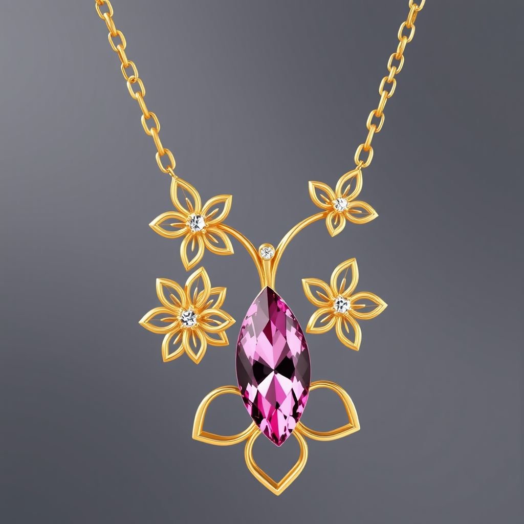 A everyday wear and elegant gold necklace with a pink color gemstone in a marquise cut. All the details are delicate and they rappresent the petals of the flower lotus.