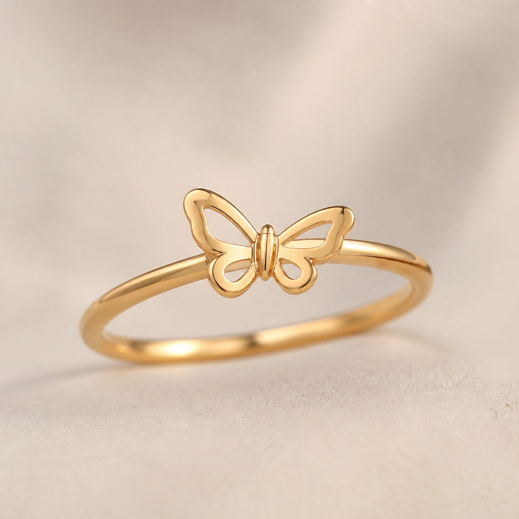 A women's ring. delicate gold ring with cute drawen butterfly
photorealistic jewelry design, A women's ring. delicate gold ring with cute drawen butterfly, modern style, just the design no text
