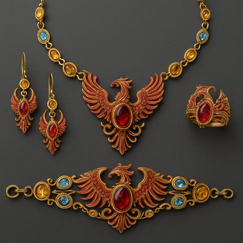 A full Ruby jewelry set including bracelet, earrings and rings with at least 10 citrine and topaz inlays with phoenix themes and an omega necklace