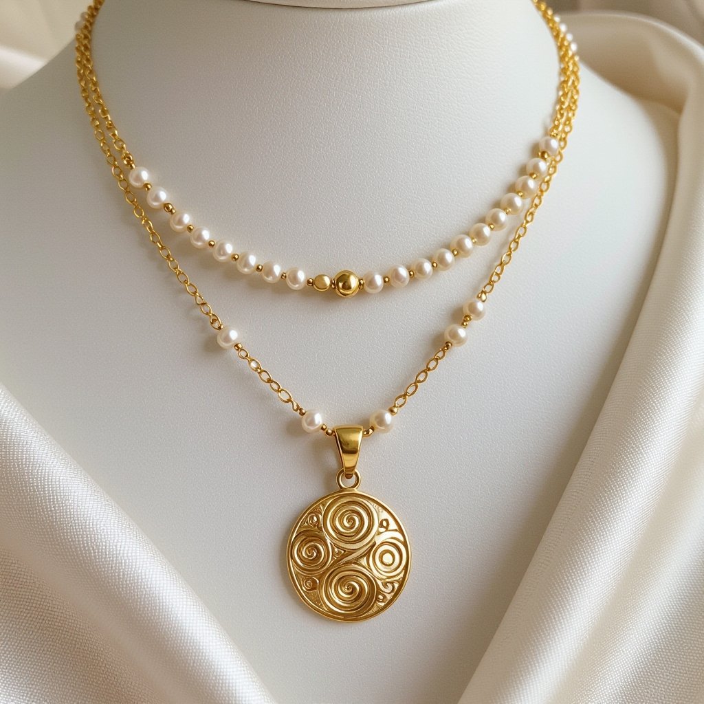 Кулон на длинной цепочке. Матовое светлое золото. В цепочке небольшие золотые шарики и жемчуг. Кулон в форме трех глаз, два горизонтально и один между ними сверху вертикально узоры завитушки 