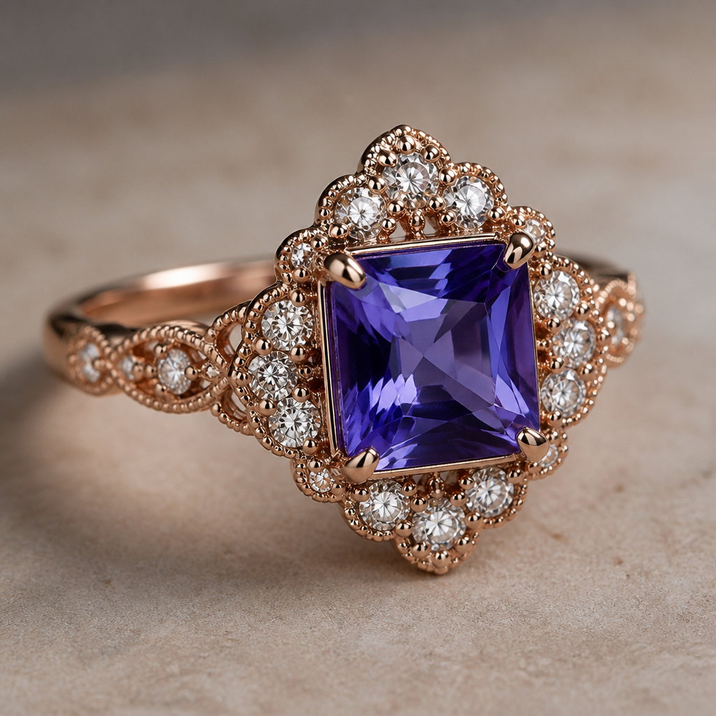 A vintage women's ring made of rose gold with diamond stones suitable for birthday. anello con tanzanite quadrata e contorno di diamanti montato su oro rosa leggermente vintage
photorealistic jewelry design, A vintage women's ring made of rose gold with diamond stones suitable for birthday. anello con tanzanite quadrata e contorno di diamanti montato su oro rosa leggermente vintage, vintage style, just the design no text