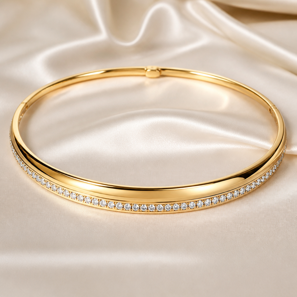 A bangle women's necklace made of gold with diamond stones. simple
photorealistic jewelry design, A bangle women's necklace made of gold with diamond stones. simple, bangle style, just the design no text
