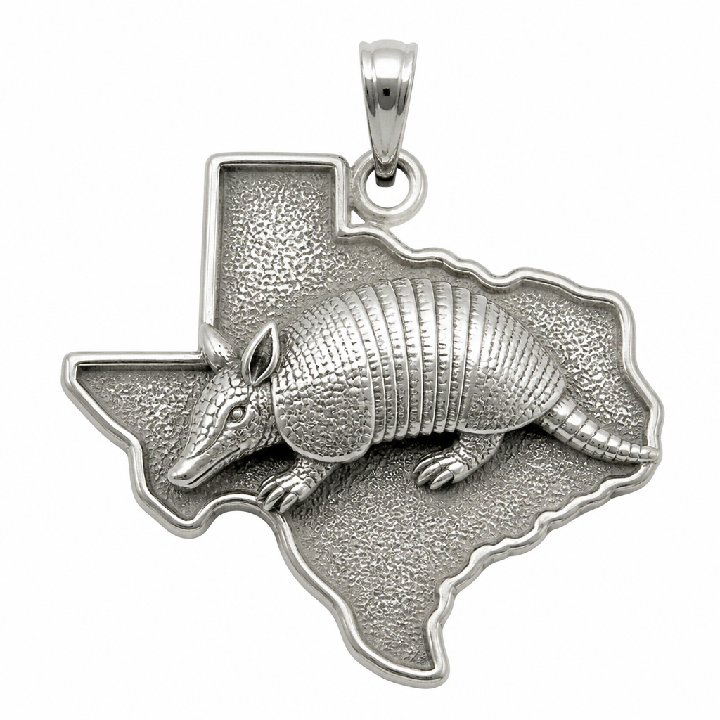 Texas road armadillo pendant silver
photorealistic jewelry design, Texas road armadillo pendant silver , just the design no text