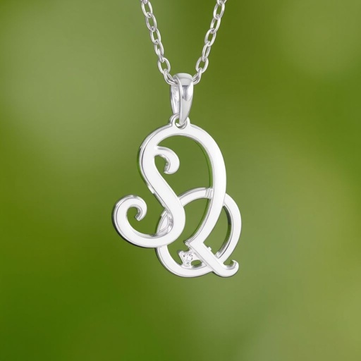 silver necklace with the pendant in conjoined letters SQ with white  stones. Make it cute and simple 