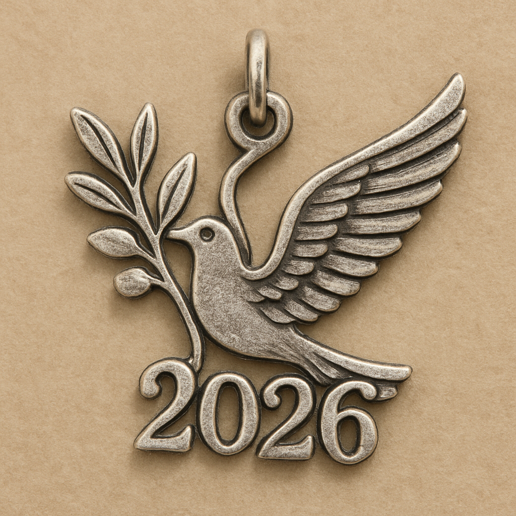 Slim Silver cut-out charm blending together only the two spread out wings of a bird, an olive branch and  along year 2026