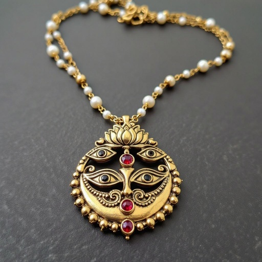Кулон на длинной цепочке. Матовое светлое золото. В цепочке небольшие золотые шарики и жемчуг. Кулон в виде двух глаз над ними лотос с маленьким красным камнем внутри узоры завитушки 