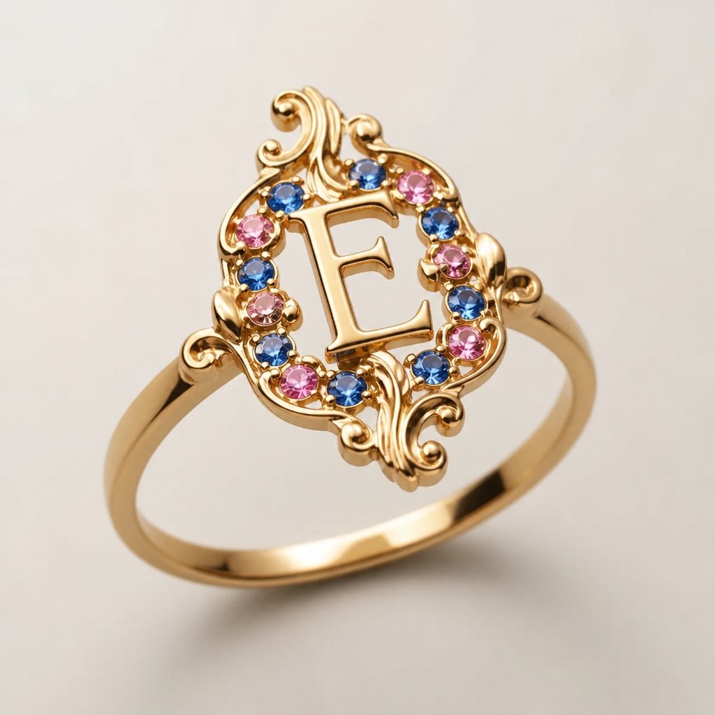 A baroque women's ring made of gold, ultra-minimalist, very simple and clean, understated, no embellishments. um anel de 15 anos com inicial E com pedrinhas azul e pedrinhas rosa em volta
photorealistic jewelry design, A baroque women's ring made of gold, ultra-minimalist, very simple and clean, understated, no embellishments. um anel de 15 anos com inicial E com pedrinhas azul e pedrinhas rosa em volta, baroque style, just the design no text