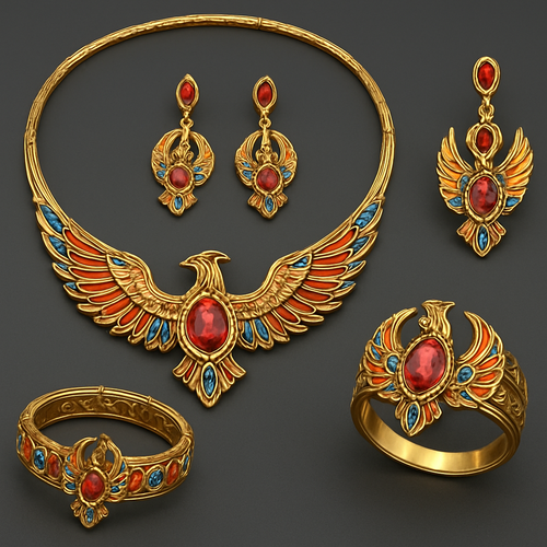 A full Ruby jewelry set including bracelet, earrings and rings with at least 10 citrine and topaz inlays with phoenix themes and an omega necklace