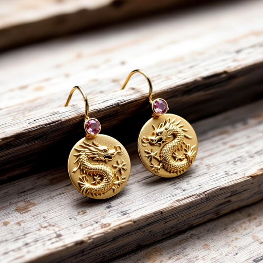 Золотые матовые серьги с изображением дракона узоры и камни мелкие раузтопаз