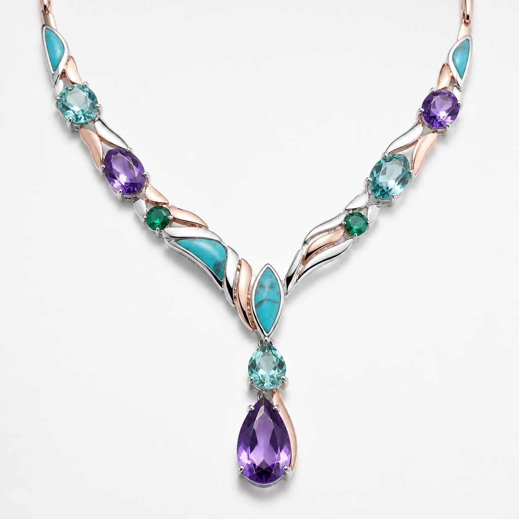 A women's necklace made of white gold with amethyst and aquamarine and turquoise stones. oro rosa y una gema de esmeralda
photorealistic jewelry design, A women's necklace made of white gold with amethyst and aquamarine and turquoise stones. oro rosa y una gema de esmeralda, modern style, just the design no text