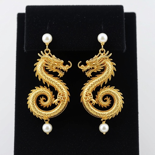 Золотые матовые серьги с изображением дракона узоры и жемчуг 