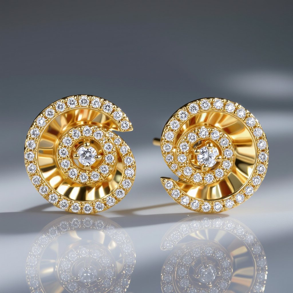 Золотые серьги в виде золотой спиральной ракушки украшенной тремя маленькими камнями 