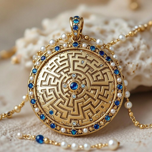 Кулон на длинной цепочке. Матовое светлое золото. В цепочке небольшие золотые шарики и синие камушки и жемчуга. Кулон в форме неровного мятого круга. На круге изображен лабиринт и украшен узорами и мелкими камушками 