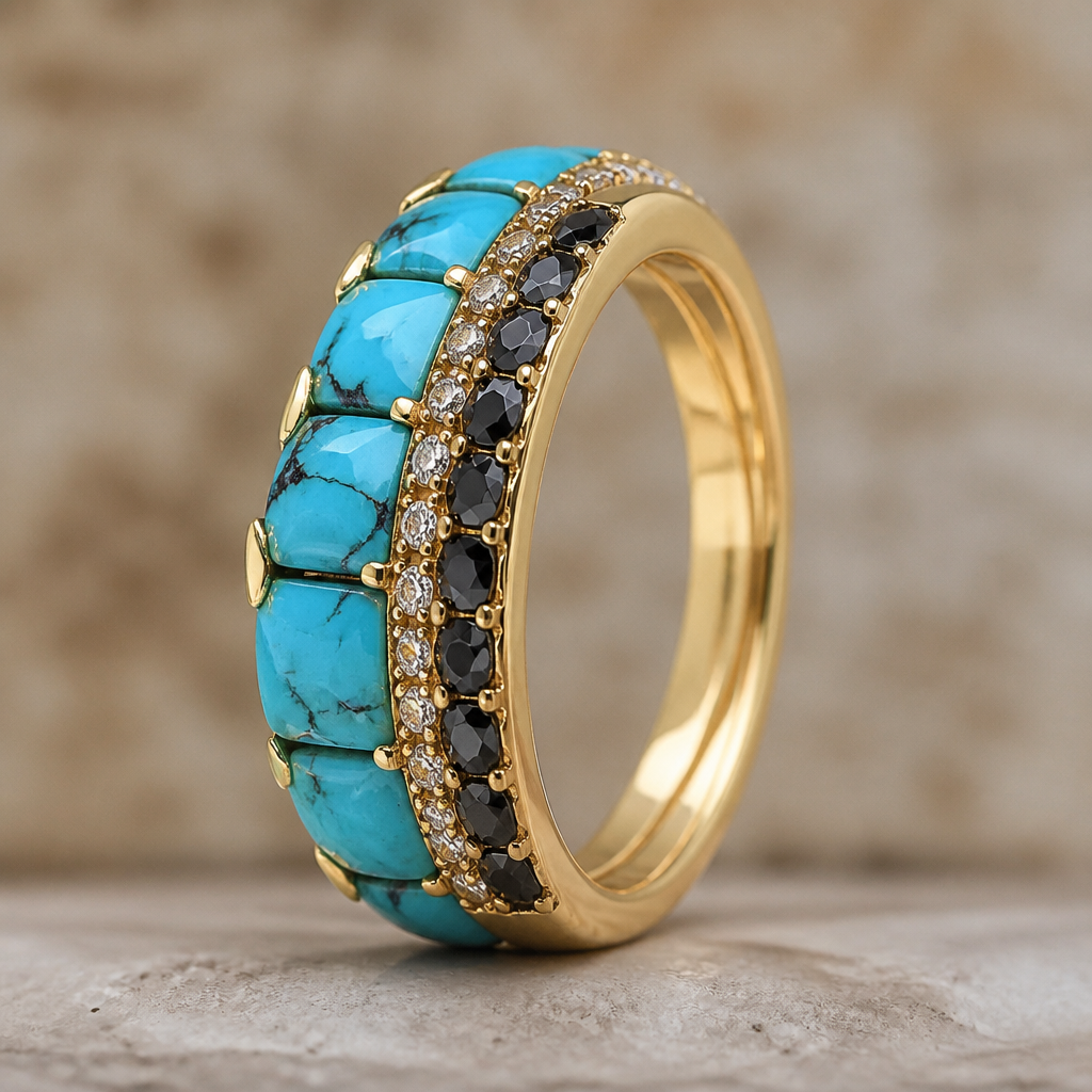 A women's ring made of gold with turquoise and diamond stones. row of black diamond and raw of turquoise
photorealistic jewelry design, A women's ring made of gold with turquoise and diamond stones. row of black diamond and raw of turquoise, modern style, just the design no text