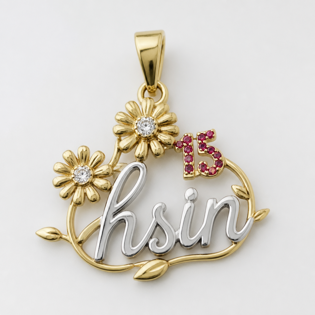 gold pendant with two small daisy designs with tiny diamonds and tiny ruby 15th and the name “hsin” in silver setting
photorealistic jewelry design, gold pendant with two small daisy designs with tiny diamonds and tiny ruby 15th and the name “hsin” in silver setting, just the design no text