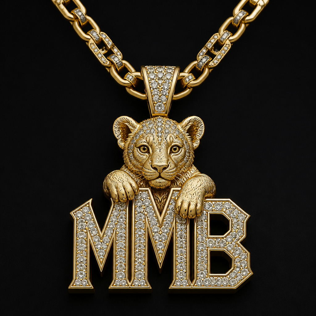 A luxury men's necklace made of gold with diamond stones suitable for gift. make me a mmb pendant that stands for made myself a boss with a cub in link chain
photorealistic jewelry design, A luxury men's necklace made of gold with diamond stones suitable for gift. make me a mmb pendant that stands for made myself a boss with a cub in link chain, luxury style, just the design no text
