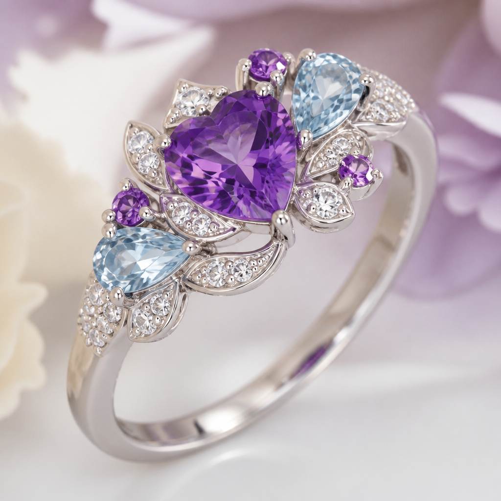 A romantic women's ring made of platinum with amethyst and topaz and diamond stones suitable for wedding