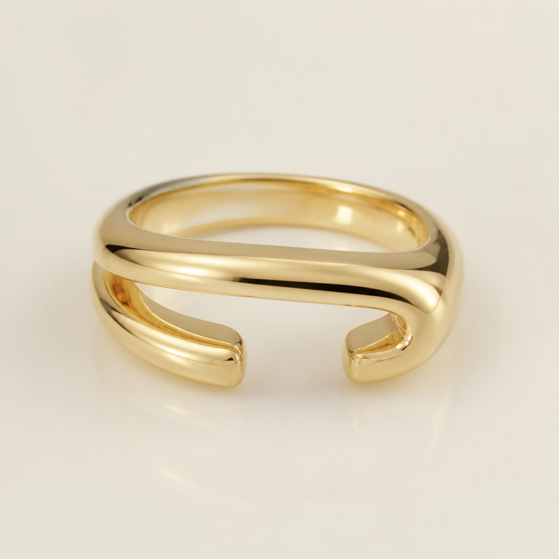 A minimalist women's ring made of gold
using the attached image as a visual reference, create A minimalist women's ring made of gold. photorealistic, just the design no text