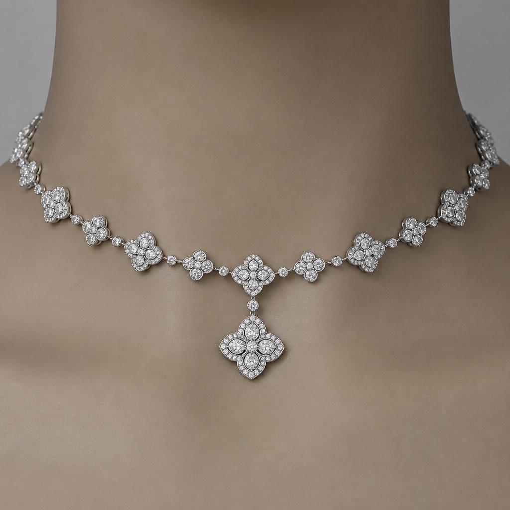 Can u make a necklace choker type
But i want the necklace to be diamond shaped pendant and van cleef flower pendant pattern type but it to be a diamond necklace please
photorealistic jewelry design, Can u make a necklace choker type
But i want the necklace to be diamond shaped pendant and van cleef flower pendant pattern type but it to be a diamond necklace please , just the design no text