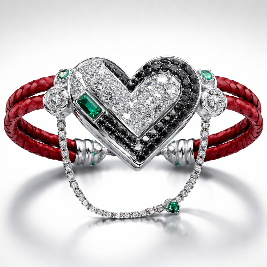 AGeomatric bangle of heart of ede style and shape white black diamonds of love shape of little bit of stones and chain of red leather and little bit of green emerald stones