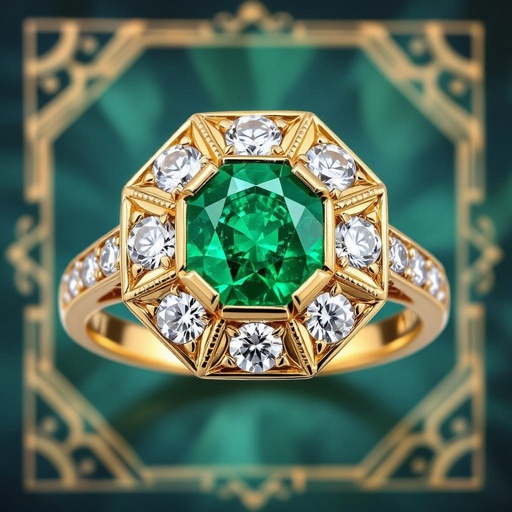 Anillo en oro con esmeralda trapiche redonda y 6 diamantes al rededor que tibuje un hexágono en el metal