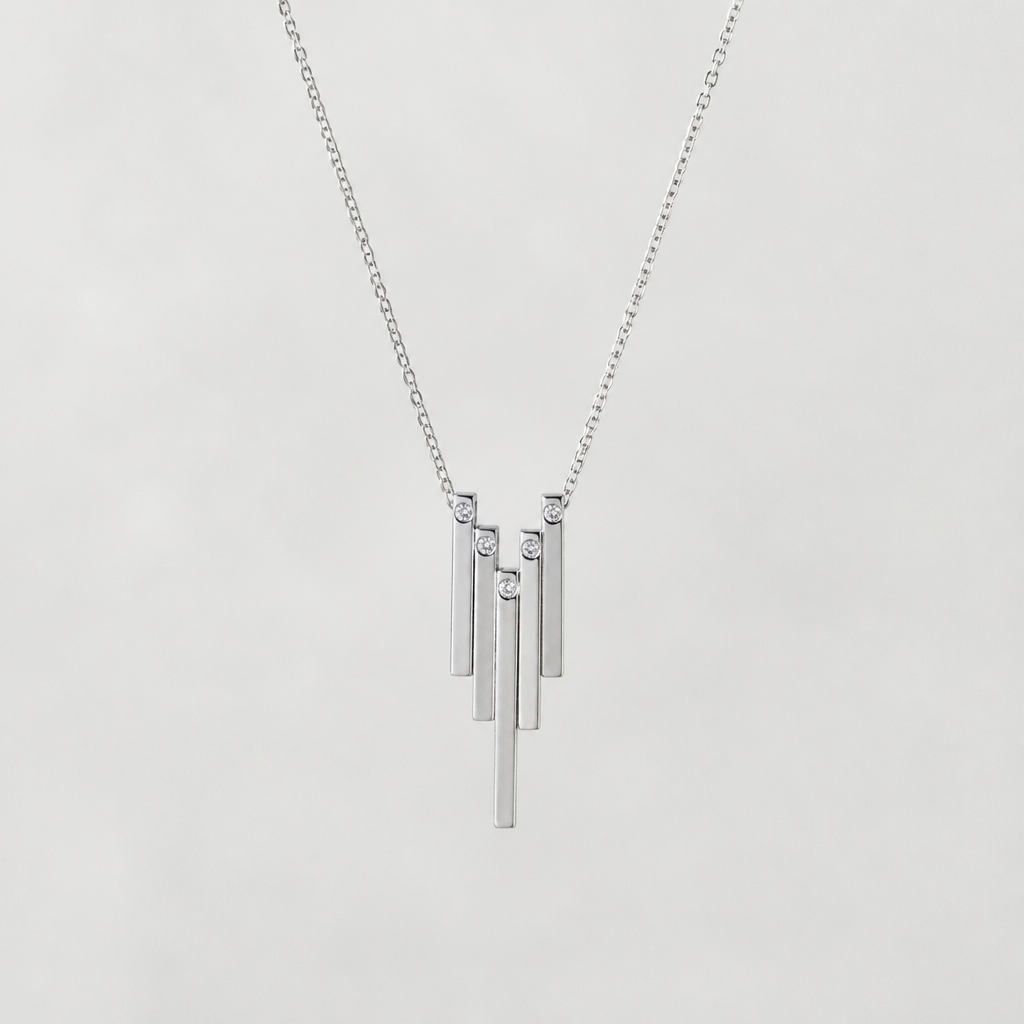 A minimalist women's pendant made of silver with diamond stones. collier avec des rectangles minimlaiste de différente longueurs avec des tout petits diamands sur le dessus de chaque rectangle
photorealistic jewelry design, A minimalist women's pendant made of silver with diamond stones. collier avec des rectangles minimlaiste de différente longueurs avec des tout petits diamands sur le dessus de chaque rectangle, minimalist style, just the design no text