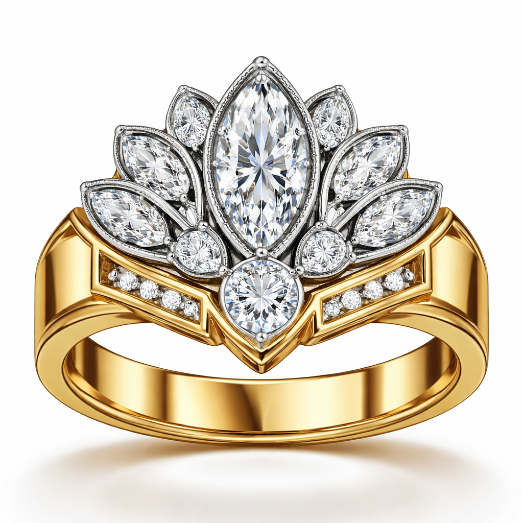 Create a ring in 14k yellow gold, set in platinum. The center stone is a .60 size marquise diamond with a .25 round diamond set directly under the marquise. Add 6 more marquise shaped diamonds and 2 more round diamonds in the shape of a fan with a thick gold yellow gold band