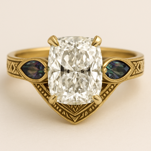 2 carat elongated cushion cut diamond engagement ring with double claw prongs in yellow gold ring with marquise shaped alexandrite side stones 