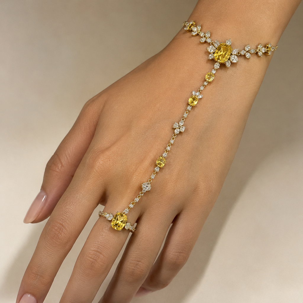 Yellow diamond hand chain
photorealistic jewelry design, Yellow diamond hand chain, just the design no text