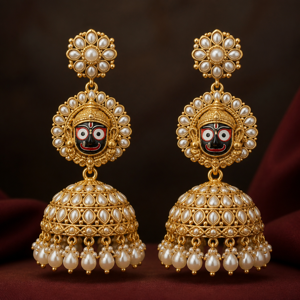 A luxury women's earrings made of gold with pearl stones suitable for festival. referred in the photo with lod jagannath ji in middle instead of lakshmi ji jumkhi styles
photorealistic jewelry design, A luxury women's earrings made of gold with pearl stones suitable for festival. referred in the photo with lod jagannath ji in middle instead of lakshmi ji jumkhi styles, luxury style, just the design no text