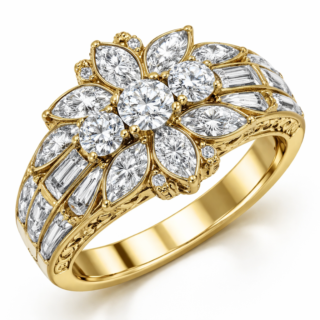 Create a ring with 3 round diamonds the largest being .25 , 7 marquise diamonds with the largest being.6 , several baguettes on yellow gold set in platinum