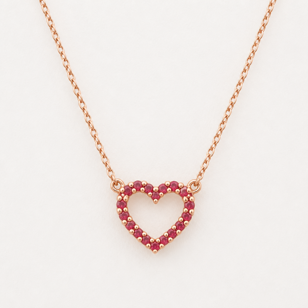 Create another little heart necklace made of rose gold with tiny ruby stones around the heart
photorealistic jewelry design, Create another little heart necklace made of rose gold with tiny ruby stones around the heart, just the design no text