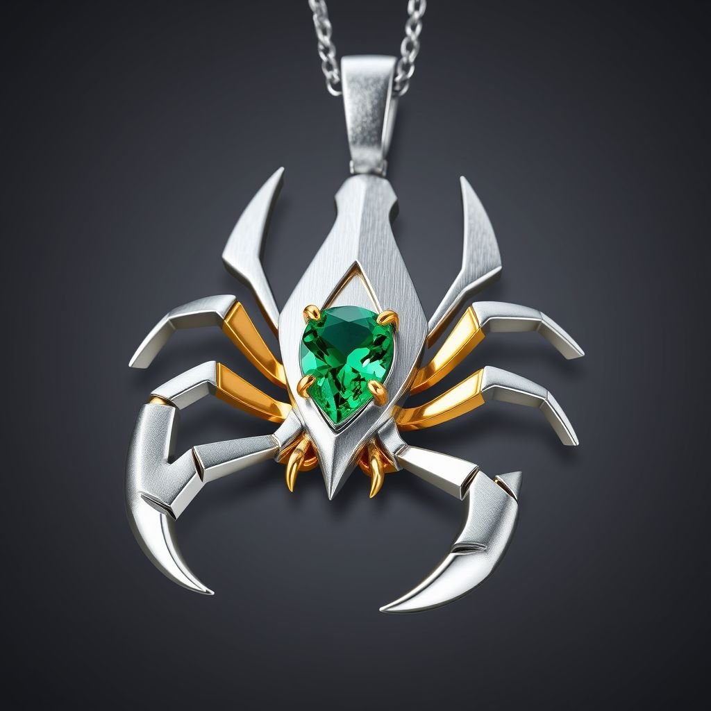 Modern scorpion pendant featuring asymmetrical angles and a polished finish. Use a combination of brushed matte silver and high-shine gold accents for contrast. Incorporate a single, oval-cut gemstone-perhaps a striking emerald-set at an unconventional angle, creating a bold focal point that exudes contemporary elegance and sophistication.