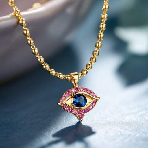 Тонкая цепочка с золотыми шариками и мелкими розовыми камушками на цепочке есть кулон в форме глаза, зрачок глаза из темно синего камня 