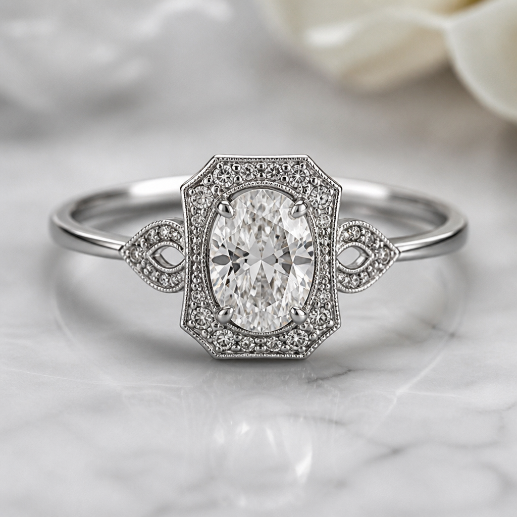 A women's ring made of silver with diamond stones. bague sertie d'un diamant oval, à l'intérieur du carré feminin travaillé et delicat, minimaliste metal fin, style vintage
photorealistic jewelry design, A women's ring made of silver with diamond stones. bague sertie d'un diamant oval, à l'intérieur du carré feminin travaillé et delicat, minimaliste metal fin, style vintage, modern style, just the design no text