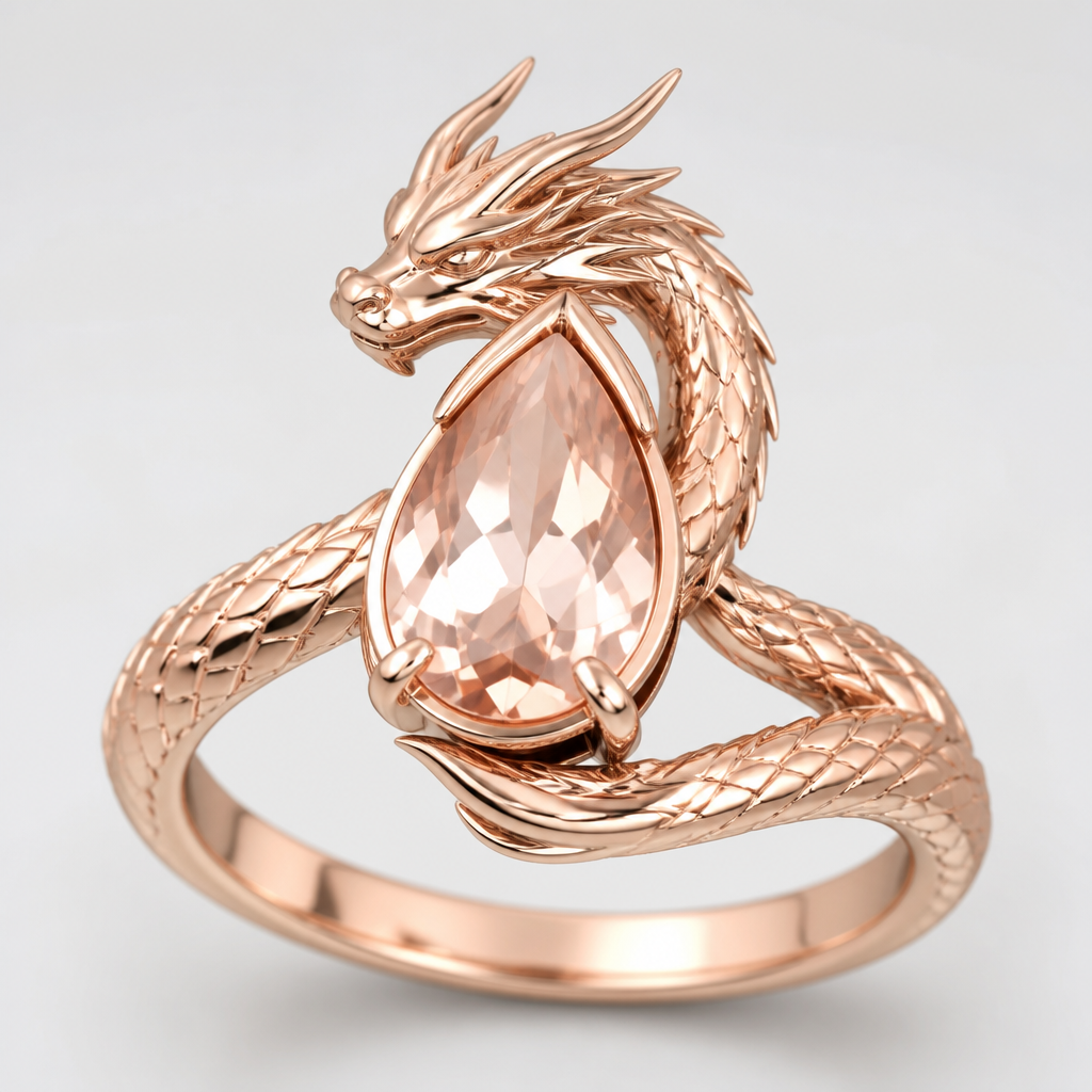 A women's ring. dragon wrap In rose gold a drop shape jem stone
photorealistic jewelry design, A women's ring. dragon wrap In rose gold a drop shape jem stone, modern style, just the design no text